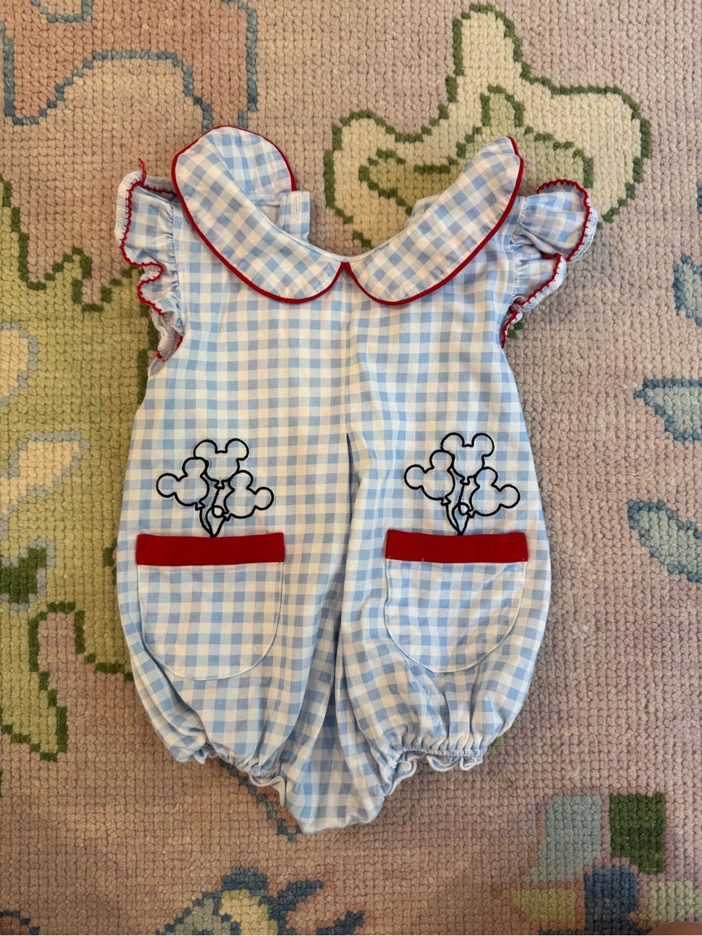 Blue Gingham Kids One-Piece with Red Trim and Mickey Embroidery